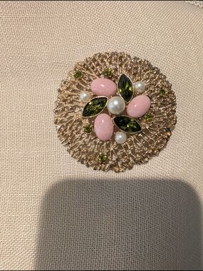 Sarah Coventry Gold-Tone Floral Brooch with Pink, Green and Pearl Accents